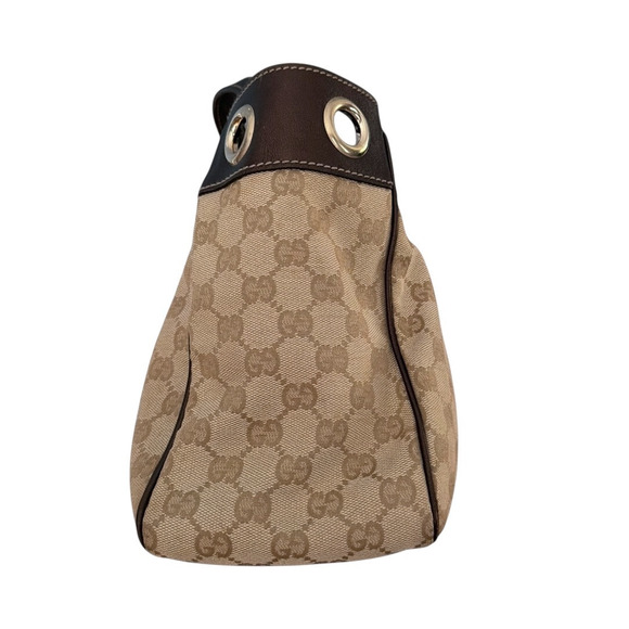 GUCCI Positano Tote Handbag Beige GG Logo Canvas Brown Leather Trim Authentic - Picture 9 of 14
